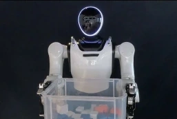 Dual-arm humanoid grasping a box on hardware.